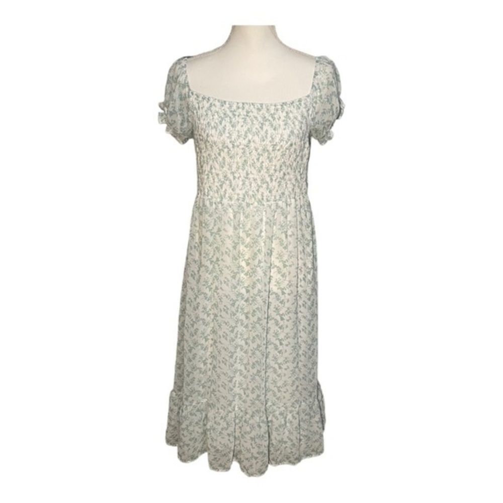 GeeGee‎ Women’s Large Floral Smocked Midi Dress with Puff Sleeves - Green, White